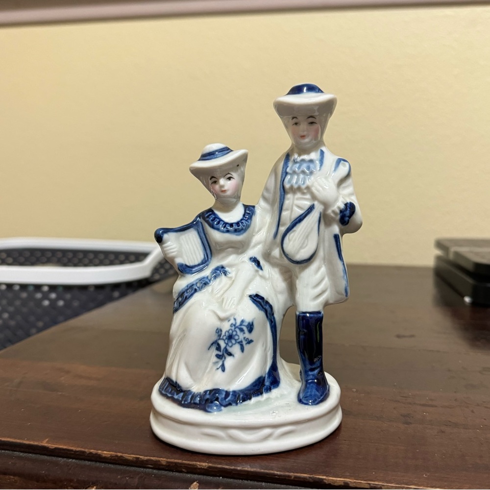 Blue and White Musician Couple Lady Angela Porcelain Figurine